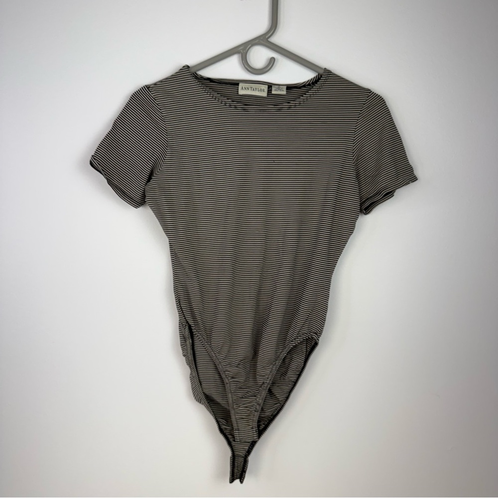 Ann Taylor Black and White Striped Top Snap Bodysuit